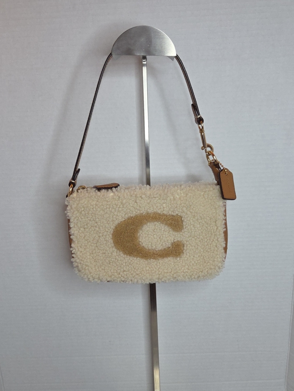 Coach Cream Shearling Shoulder Bag with Tan 'C' Accent